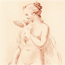 Standing naked woman with a dove on her shoulder