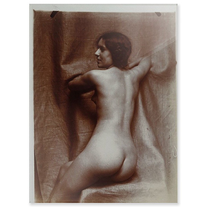 Naked woman sitting three-quarters back, on a chair, face in profile left (acrylic panels)