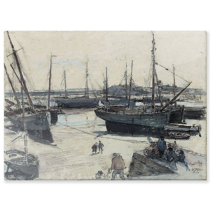 Navires de pêche échoués sur la grève, avec plusieurs marins sur une jetée (panneaux aluminium)