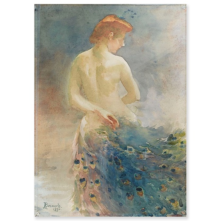 Femme nue, de dos, avec une queue de paon, la tête de profil à droite (panneaux acryliques)