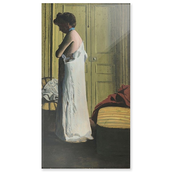 Nude in an interior, woman taking off her shirt (acrylic panels)