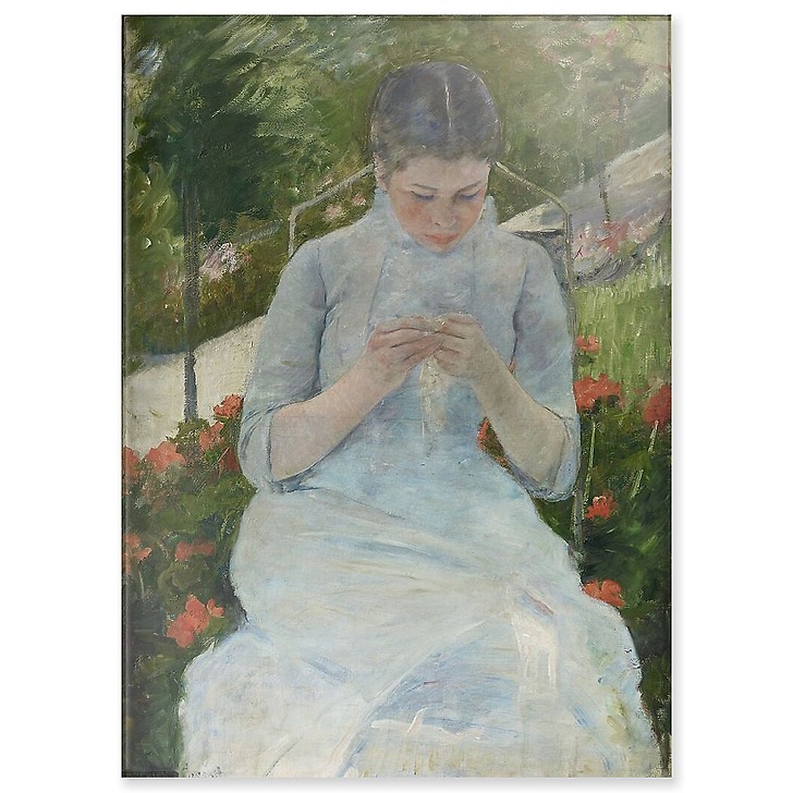 Jeune fille au jardin, dit aussi Femme cousant dans un jardin (panneaux acryliques)
