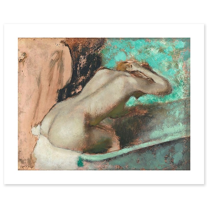 Femme assise sur le rebord d' une baignoire et s'épongeant le cou (toiles sans cadre)