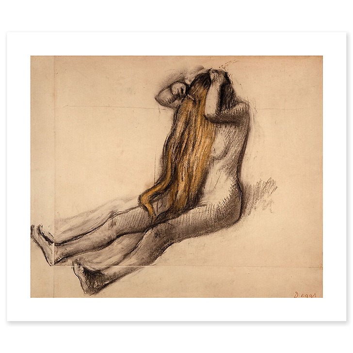Woman sitting on the floor, combing her hair (canvas without frame)