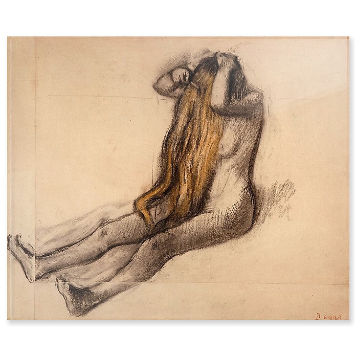 Femme assise par terre, se peignant (panneaux acryliques)