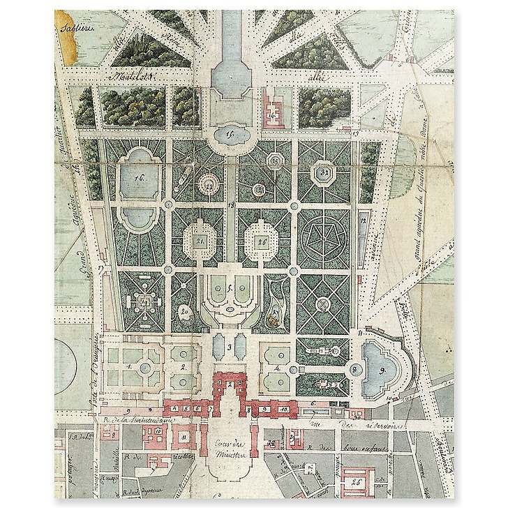 Map of the castle, the Gardens, the Small Park, Trianon, the city of Versailles under the First Empire (acrylic panels)
