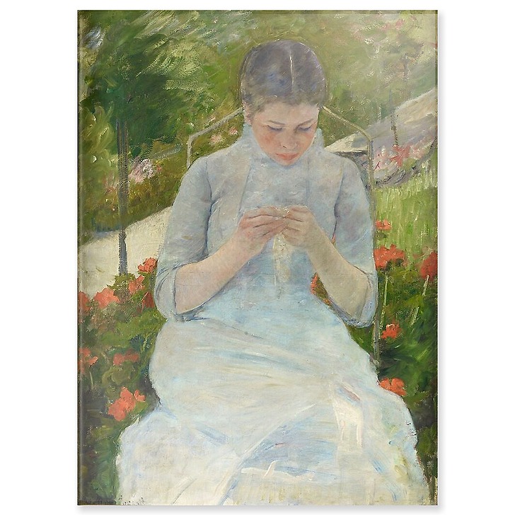 Jeune fille au jardin, dit aussi Femme cousant dans un jardin (panneaux acryliques)