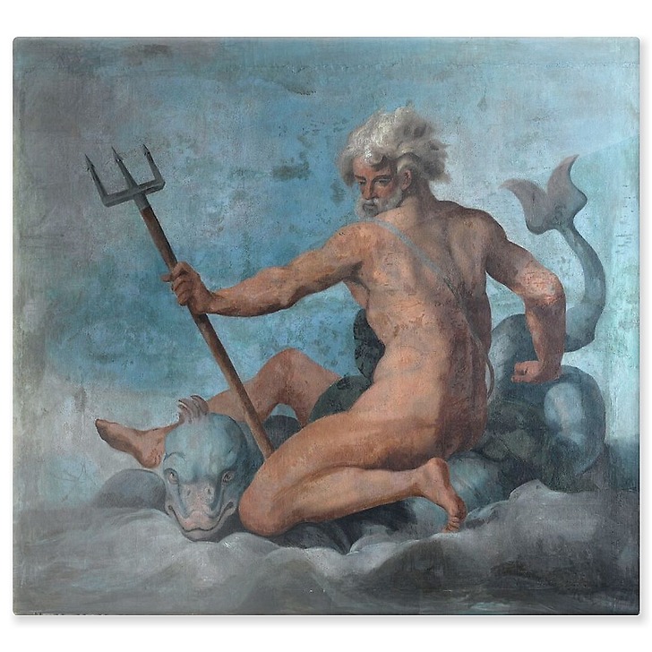 Plafond de la Galerie des assiettes : Neptune sur un dauphin (panneaux aluminium)