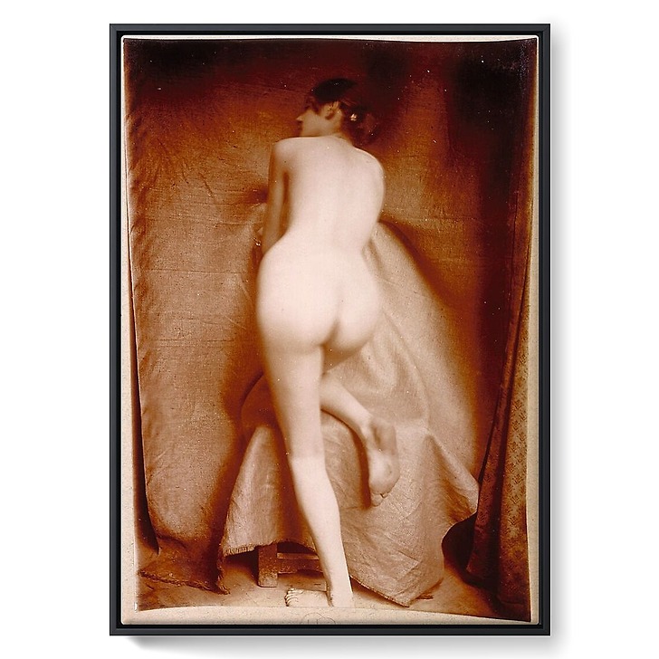 Naked woman from behind, straight knee resting on a stool (framed canvas)