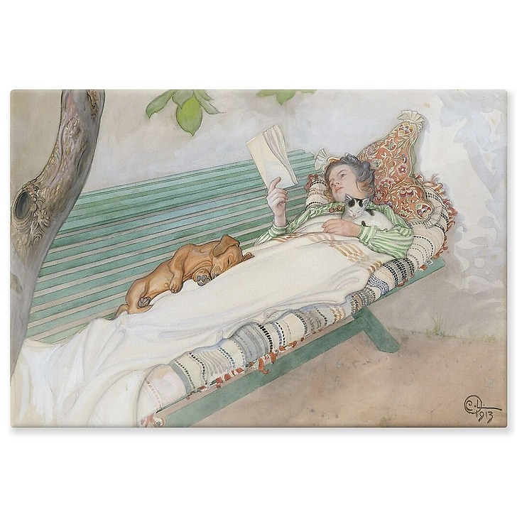 Young woman lying on a bench (aluminium panels)