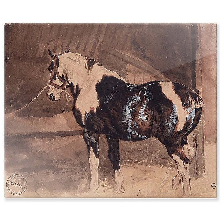 Piebald horse at rest in the stable (aluminium panels)