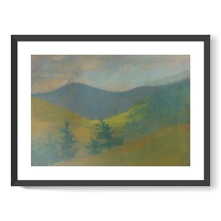 Paysage de montagne avec sapins au premier plan (affiches d'art encadrées)