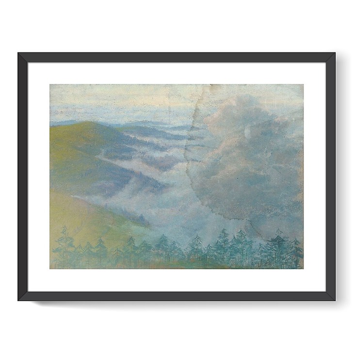 Mountain landscape with fir trees in the foreground and mist (framed art prints)