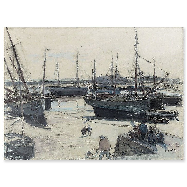 Fishing vessels stranded on the shore, with several sailors on a jetty (acrylic panels)