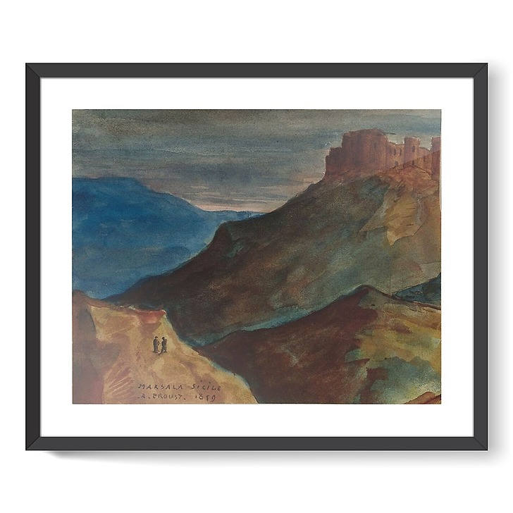 Castle on an eminence, and in the foreground, two characters on a hill (framed art prints)