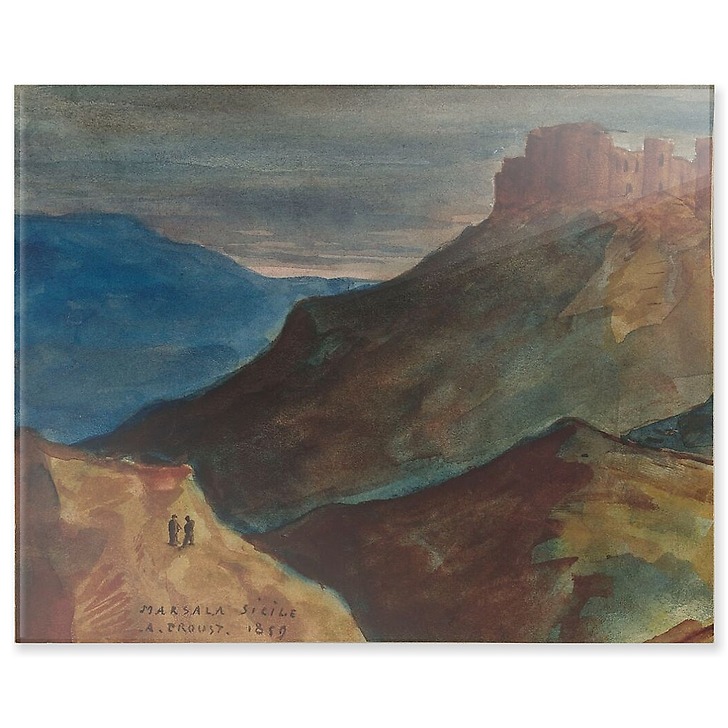 Château fort sur une éminence, et au 1er plan, deux personnages sur une colline (panneaux acryliques)