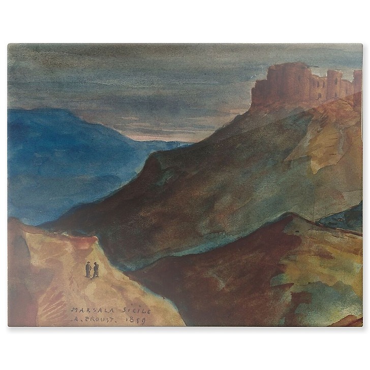 Castle on an eminence, and in the foreground, two characters on a hill (aluminium panels)