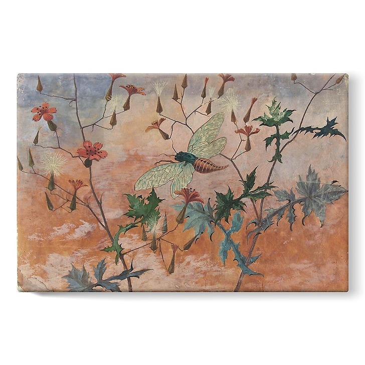 Model for ceramic decoration: flying cicada in the middle of prenanthes (stretched canvas)