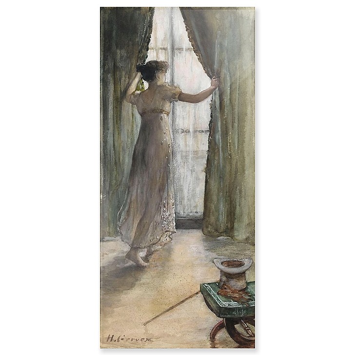 Jeune femme debout, vue de dos, devant une fenêtre (panneaux acryliques)