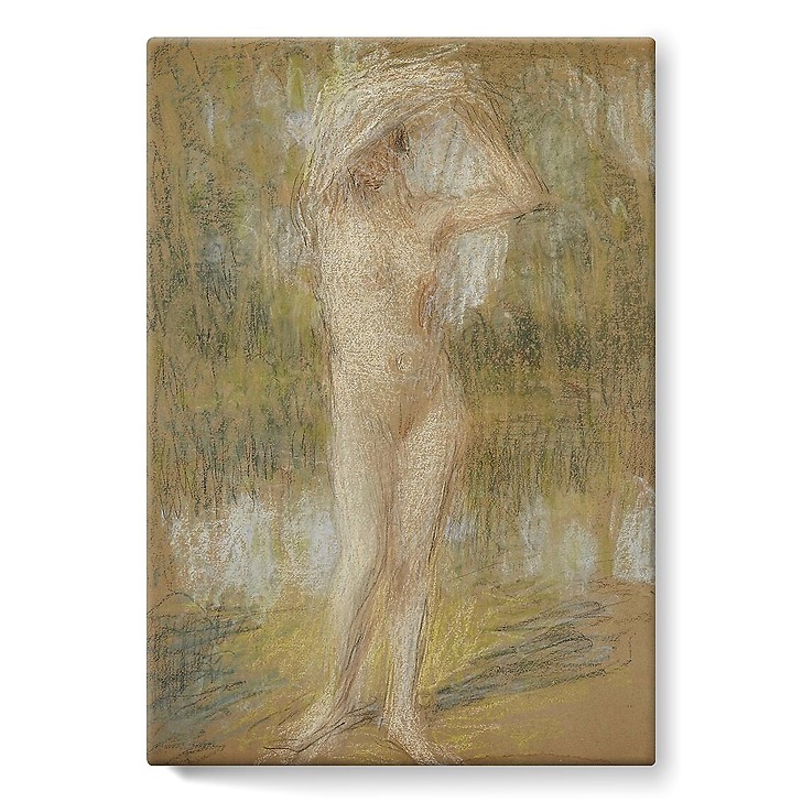 Nude standing, face up, arms raised, holding a drapery (stretched canvas)
