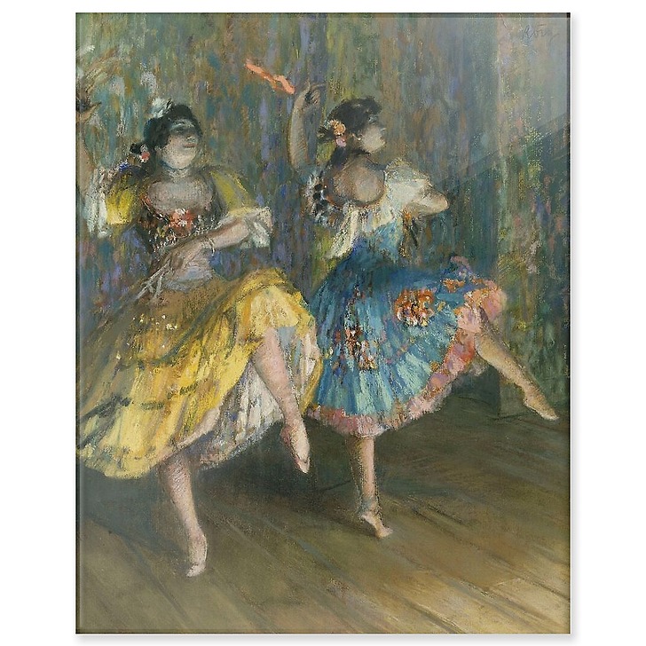 Two Spanish dancers, on stage, playing castanets (acrylic panels)