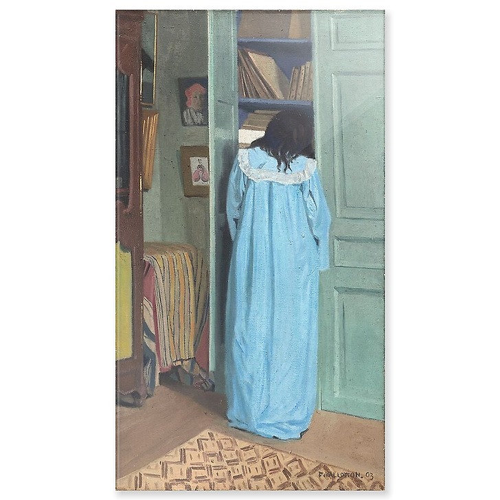 Intérieur, femme en bleu fouillant dans une armoire (panneaux acryliques)