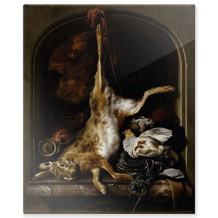 Gibier et ustensiles de chasse disposés sur le rebord d'une fenêtre (panneaux aluminium)