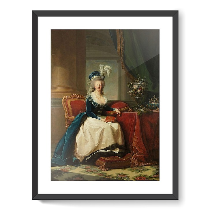 Reine Marie-Antoinette assise, en manteau bleu et robe blanche, tenant un livre à la main (affiches d'art encadrées)