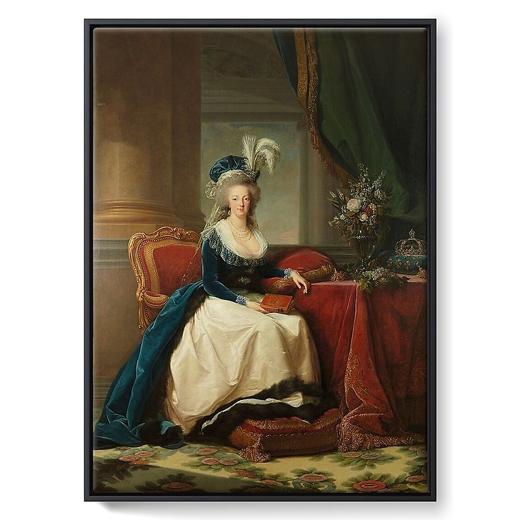 Queen Marie-Antoinette sitting, in a blue coat and white dress, holding a book in her hand (framed canvas)