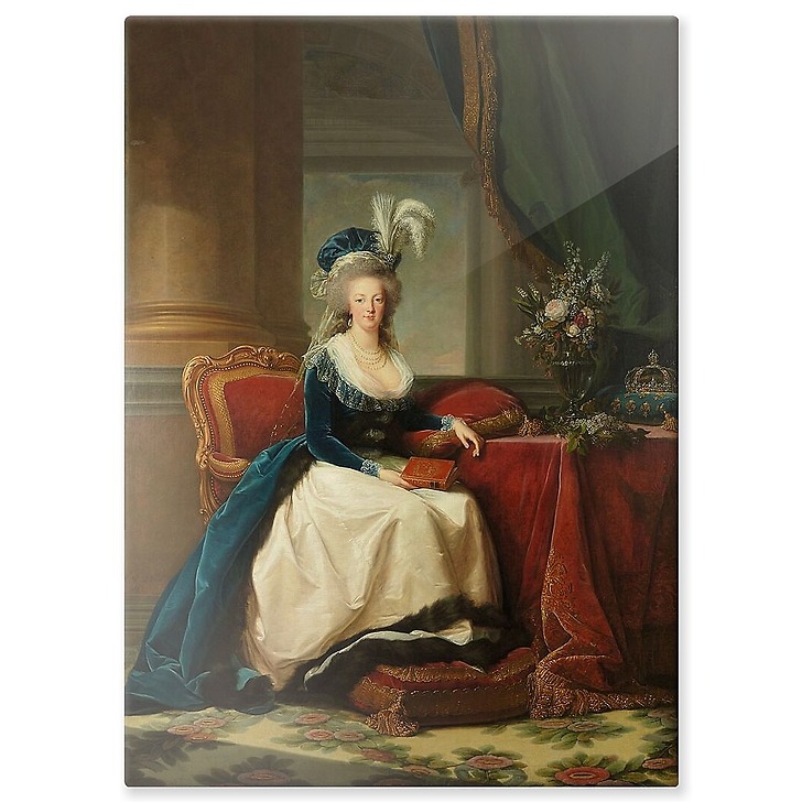 Queen Marie-Antoinette sitting, in a blue coat and white dress, holding a book in her hand (aluminium panels)