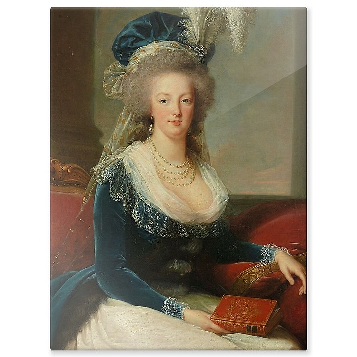 Queen Marie-Antoinette sitting, in a blue coat and white dress, holding a book in her hand (aluminium panels)