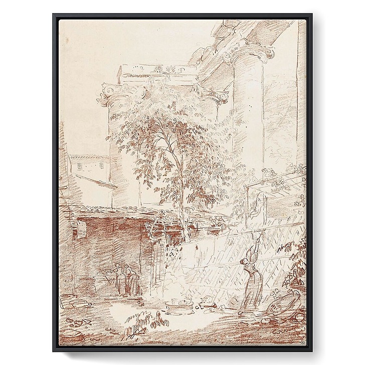Femme étendant du linge, dans une cour (toiles encadrées)