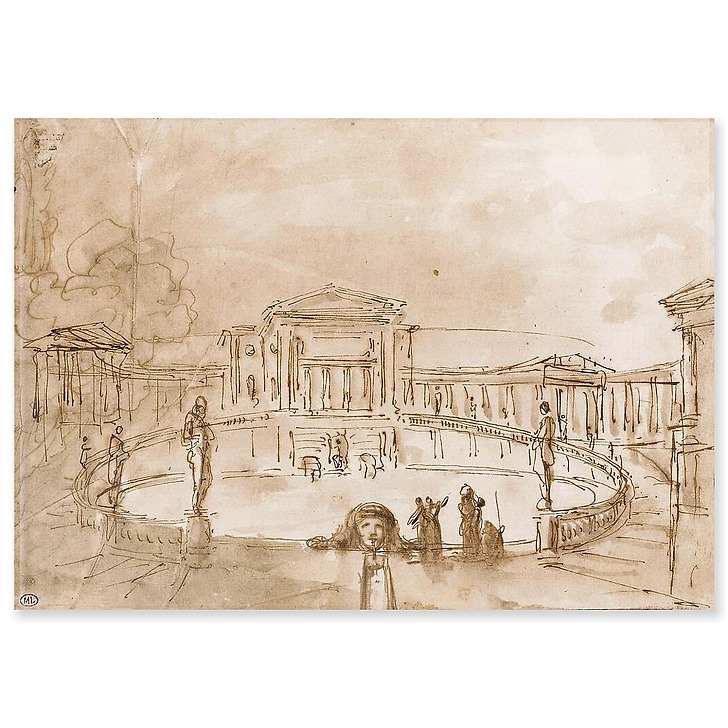 Grand bassin central entouré d'une balustrade, au centre d'une place (panneaux acryliques)