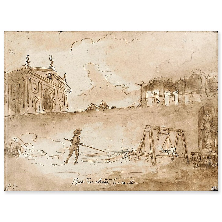 Man working with lime, in front of the Albani villa (acrylic panels)