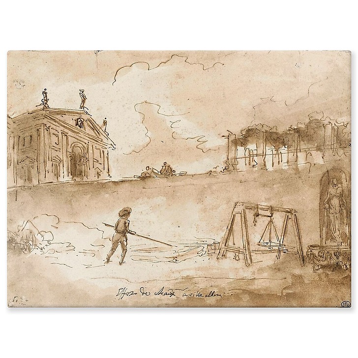 Man working with lime, in front of the Albani villa (aluminium panels)