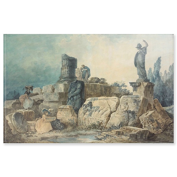 Two young women drawing in an ancient ruin site (acrylic panels)