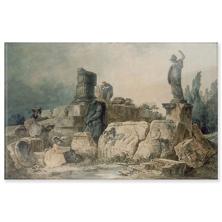 Two young women drawing in an ancient ruin site (acrylic panels)