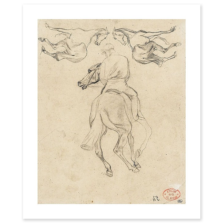 Jockey à cheval, vu de dos, et deux chevaux (canvas without frame)