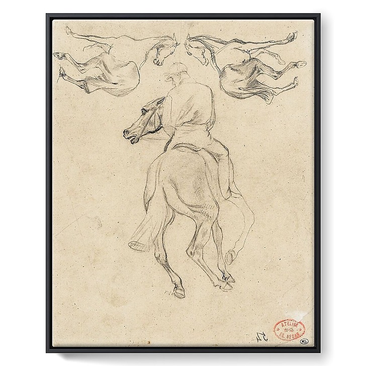 Jockey à cheval, vu de dos, et deux chevaux (toiles encadrées)