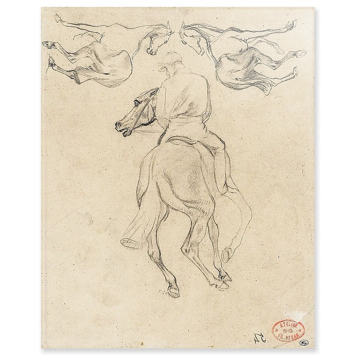 Jockey à cheval, vu de dos, et deux chevaux (panneaux acryliques)