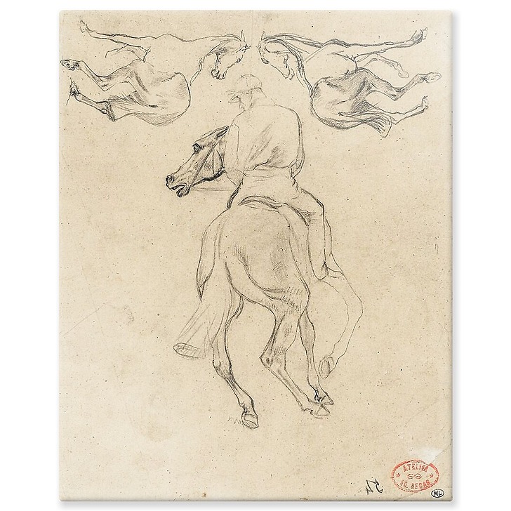 Jockey à cheval, vu de dos, et deux chevaux (panneaux aluminium)