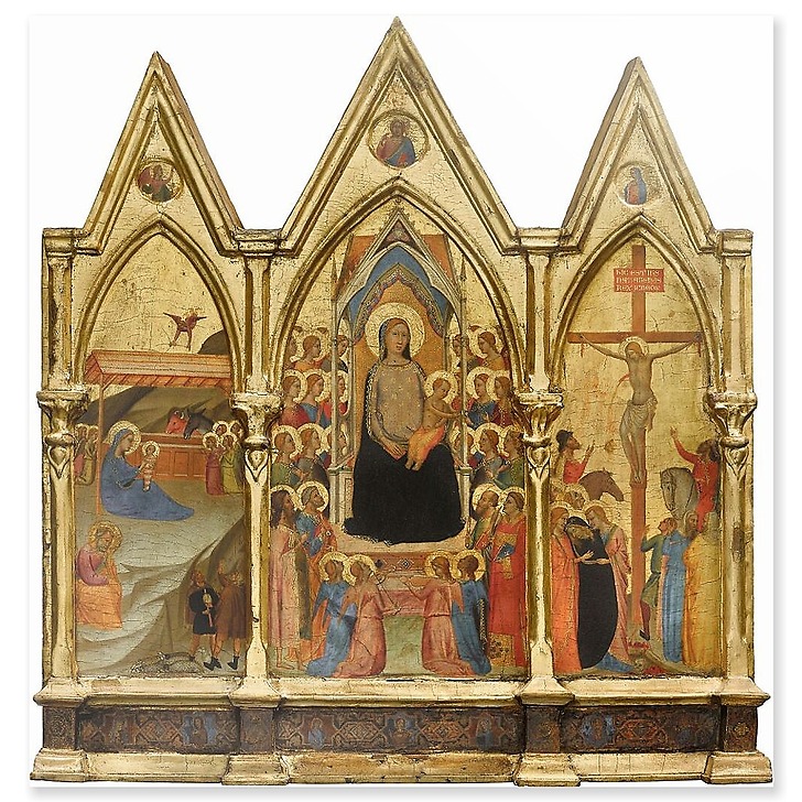 Tryptique fixe. Au centre : La Vierge et l'Enfant entourés de vingt anges et de quatre saints (Jean-Baptiste, Pierre, Paul et Laurent [']), à gauche : La Nativité, à droite : La Crucifixion (acrylic panels)