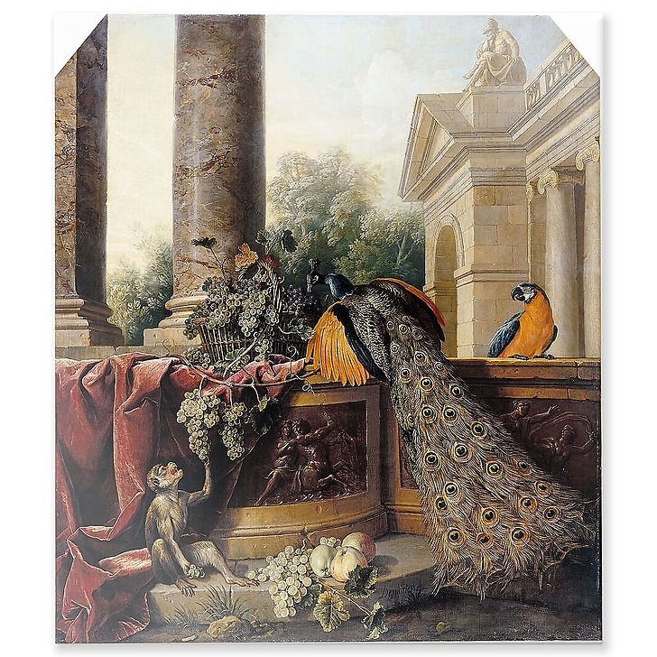 Paon, singe, fruits et bas-relief (panneaux aluminium)