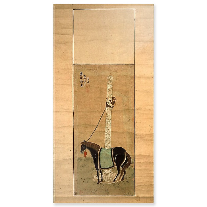 Cheval maintenu au poteau par un singe (panneaux acryliques)