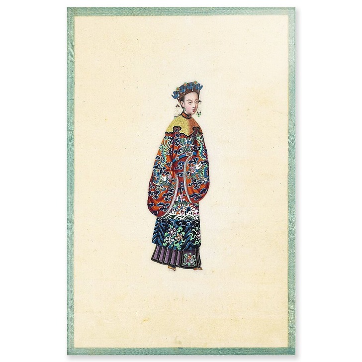 Page d'un album de peinture d’exportation figurant des personnages chinois (acrylic panels)