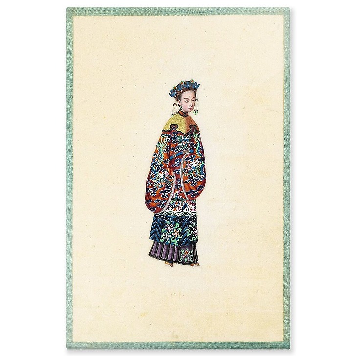 Page d'un album de peinture d’exportation figurant des personnages chinois (aluminium panels)