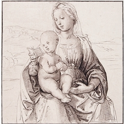 Vierge à l'enfant, assise, qui lit dans un paysage - Raphaël