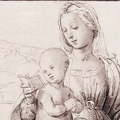 Engraving Virgin and child, sitting, reading in a landscape - Raphael