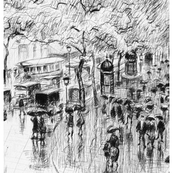 Pluie d'automne, boulevard des Capucines à Paris