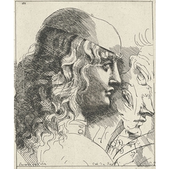 Engraving Young man's head seen in profile, head covered with a cap and long hair - Leonardo da Vinci